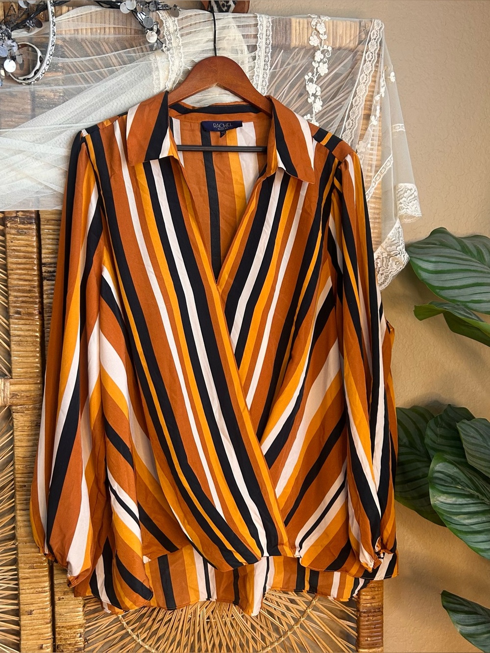 Rachel Roy striped faux wrap long length blouse 2X fall colors